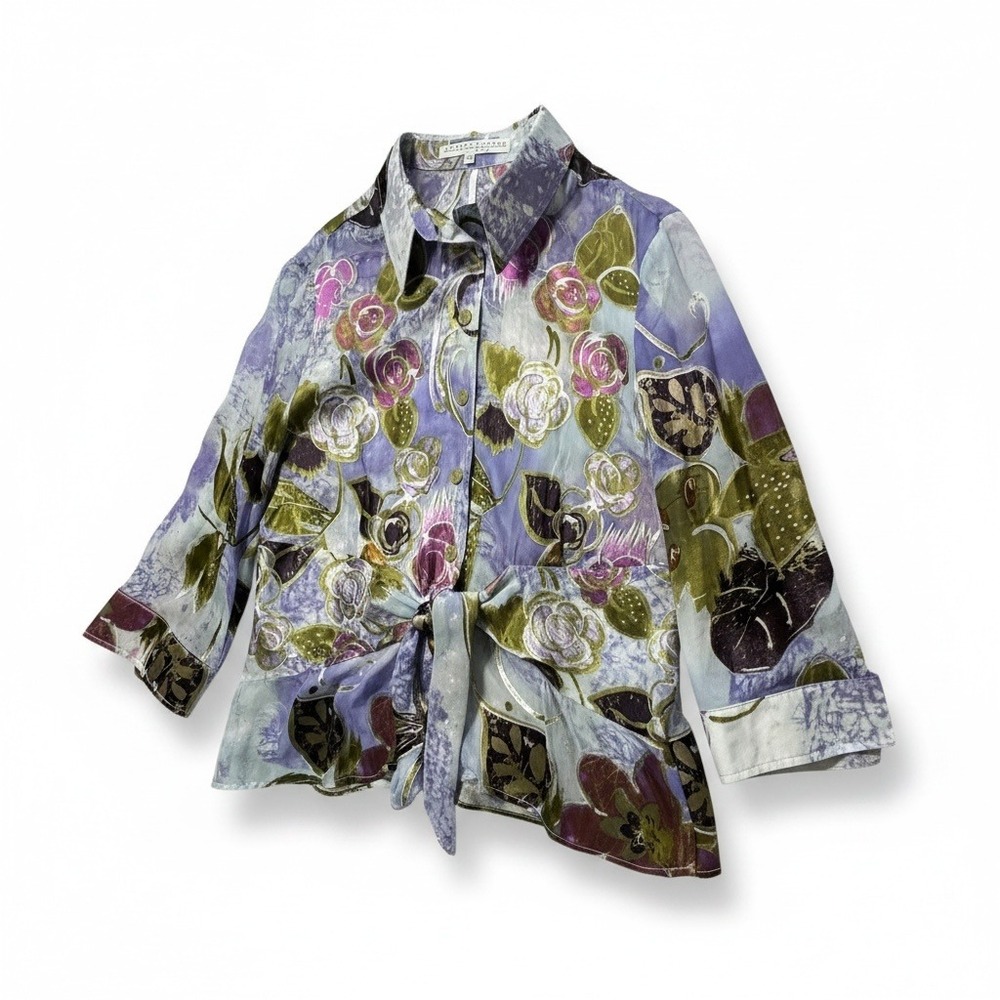 Robert Kitchen Blouse Womens XXL Purple Floral Silk Blend Tie Front Boho Artsy